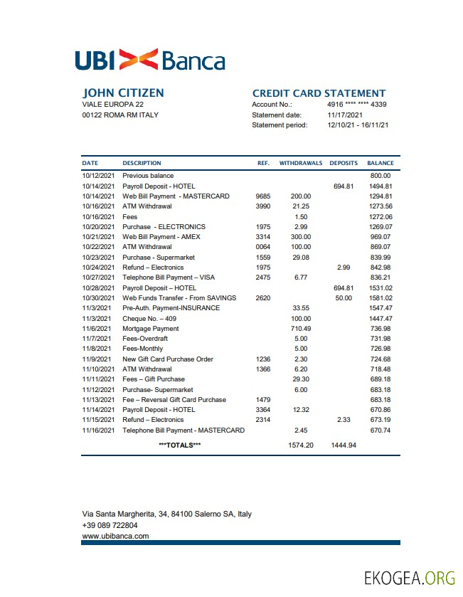 Relevé bancaire Italie UBI BANCA modèle facile à remplir au format Excel et PDF